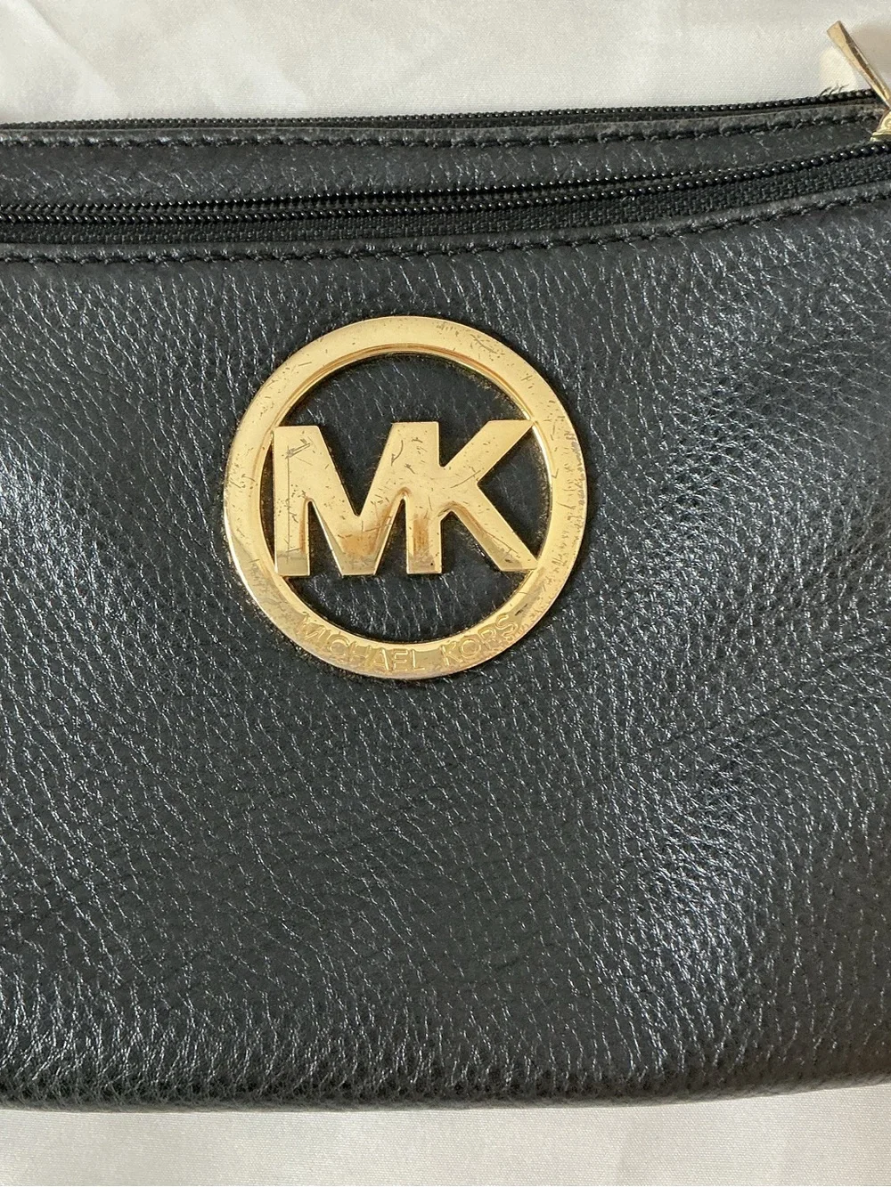 Michael Kors Black Leather Crossbody with Gold MK Medallion